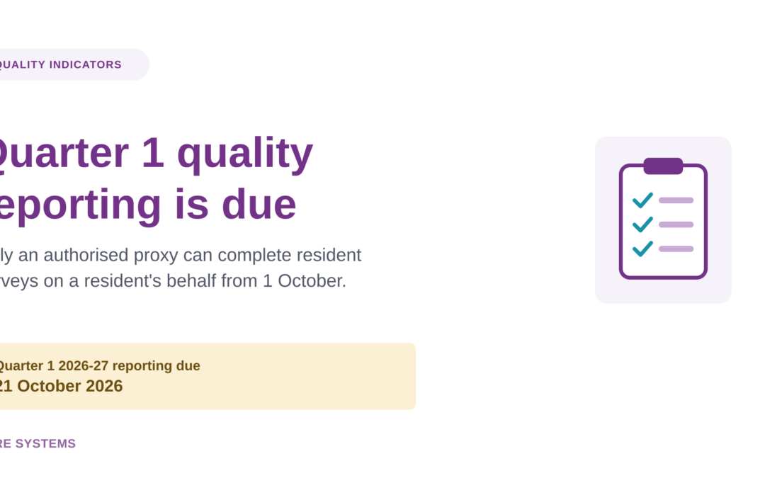 Quality indicator reporting for Quarter 1 2026-27: due 21 October, with a new rule on resident surveys